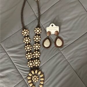 Cream and Bronze Flower Statement Necklace with Matching Teardrop Earrings